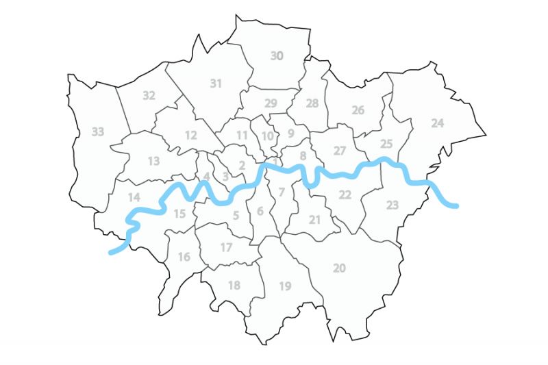 a map showing the boroughs and the course of the Thames through them
